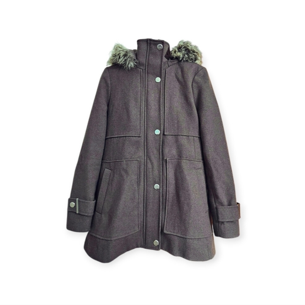 Kenneth Cole Wool Winter Jacket Fall Midi Detachable Faux Fur Hood Women's Med